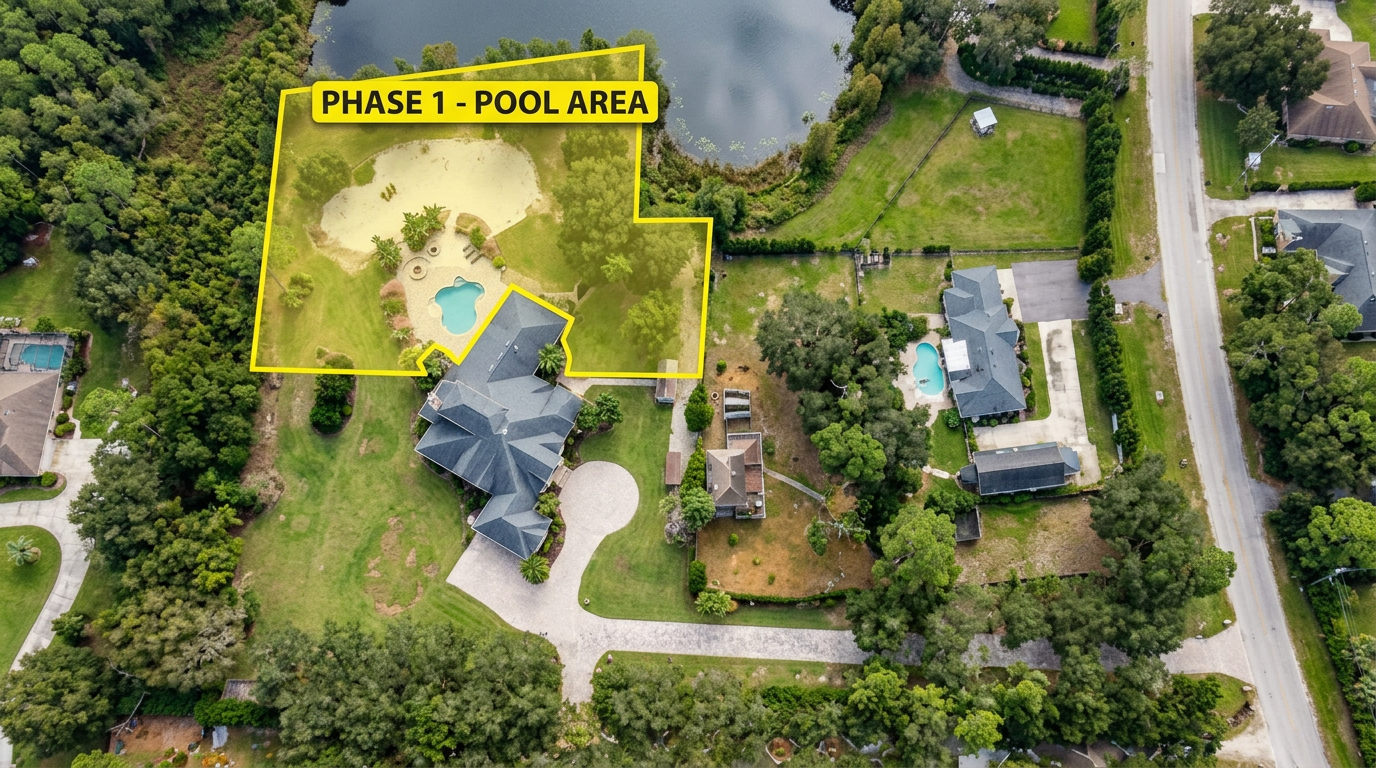 Phase 1 scope area aerial view - pool, beach, and surrounding beds highlighted